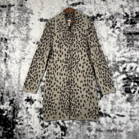 Chicos Sweater Coat Womens Size Medium (1) Animal Print Button Up Acrylic Wool - Picture 1 of 10